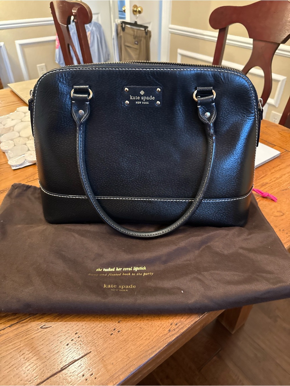 kate spade Black Pebbled Leather Dome Satchel with Silver Hardware